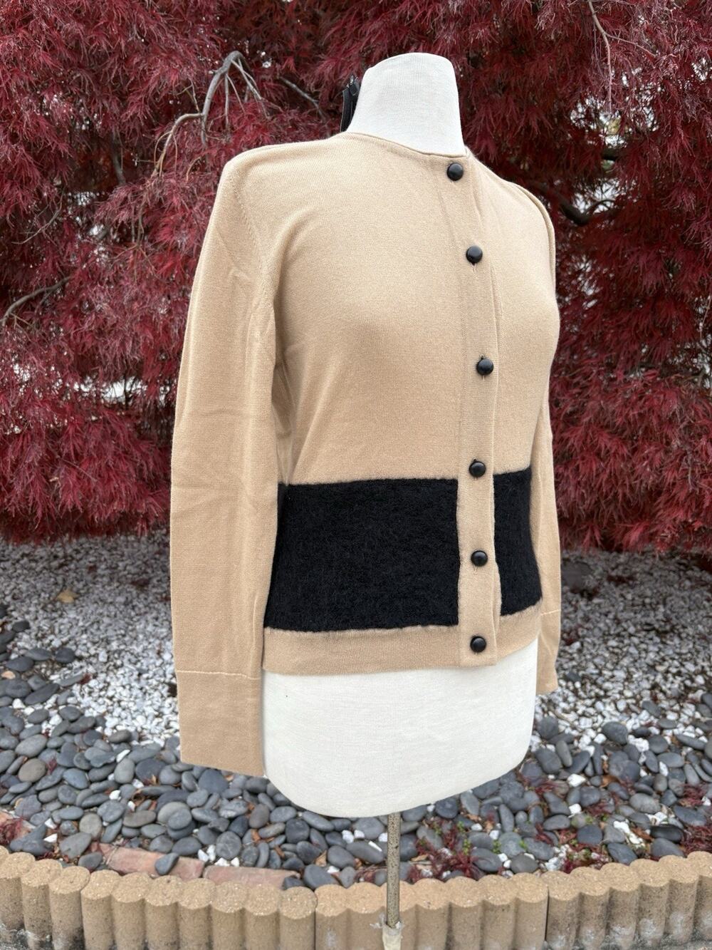 Gianfranco Ferre Womens Cardigan Sweater Size 44 Taupe & Black Leather Buttons